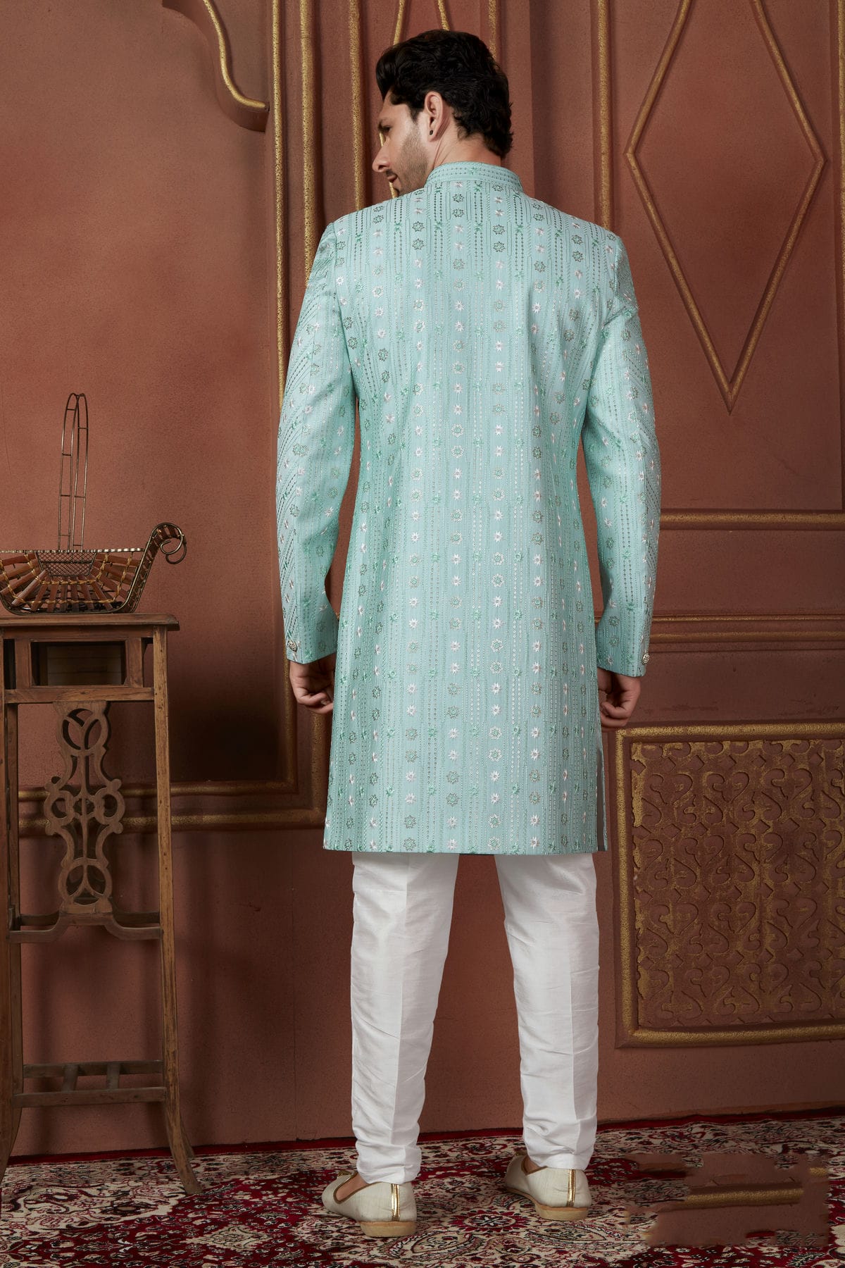 Sky Blue Colour Art Silk Indowestern Sherwani With Aligadhi Pant VSSH1230094