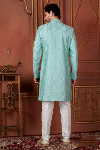 Sky Blue Colour Art Silk Indowestern Sherwani With Aligadhi Pant VSSH1230094