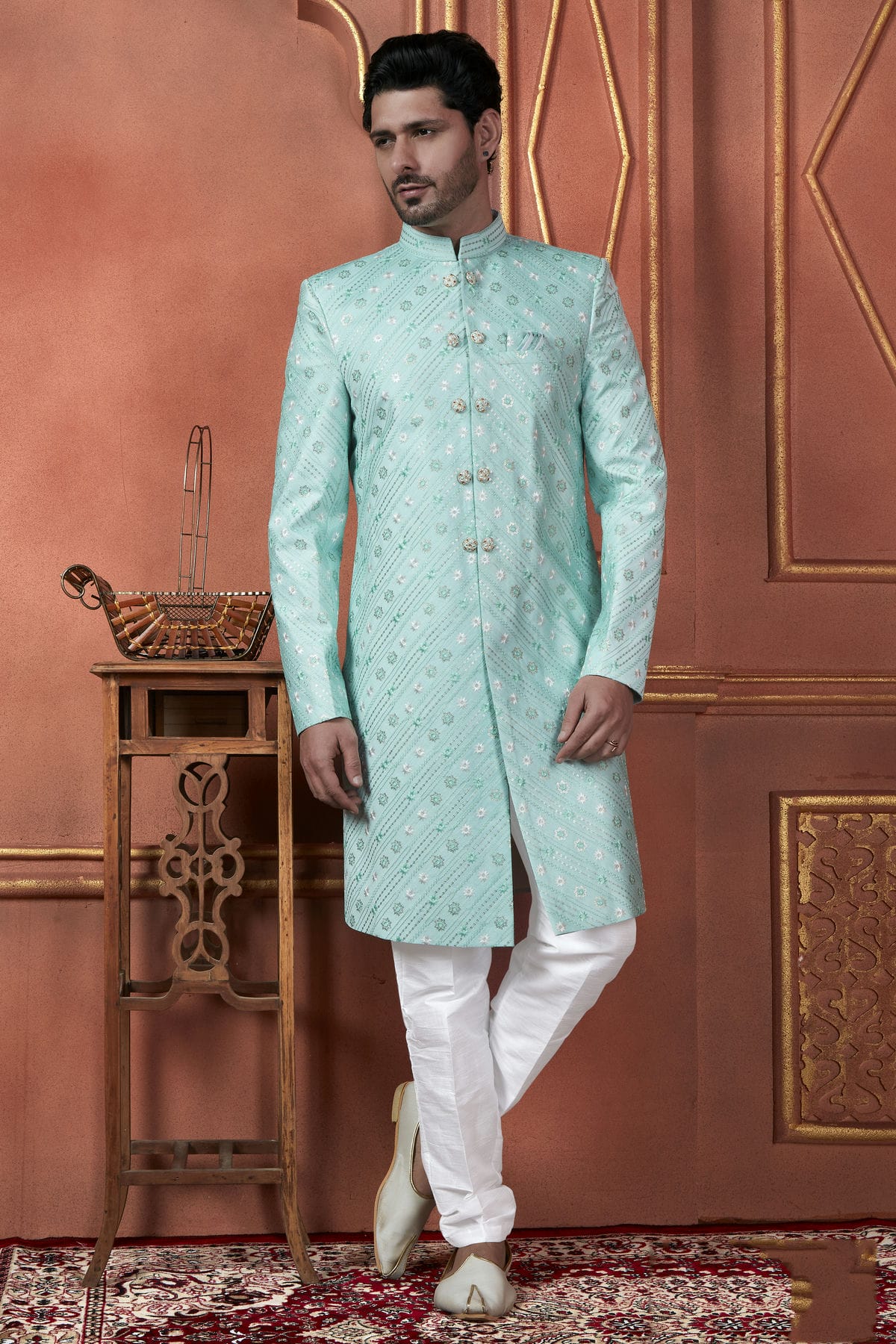 Sky Blue Colour Art Silk Indowestern Sherwani With Aligadhi Pant