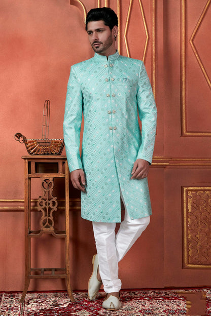 Sky Blue Colour Art Silk Indowestern Sherwani With Aligadhi Pant