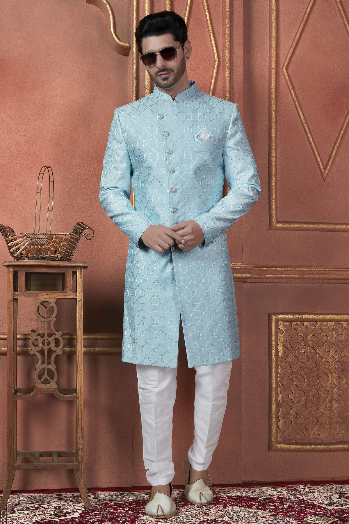 Sky Blue Colour Art Silk Indowestern Sherwani With Aligadhi Pant VSSH1230097