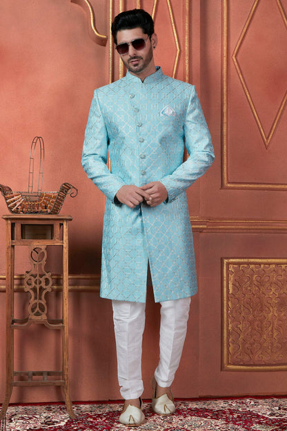 Sky Blue Colour Art Silk Indowestern Sherwani With Aligadhi Pant VSSH1230097