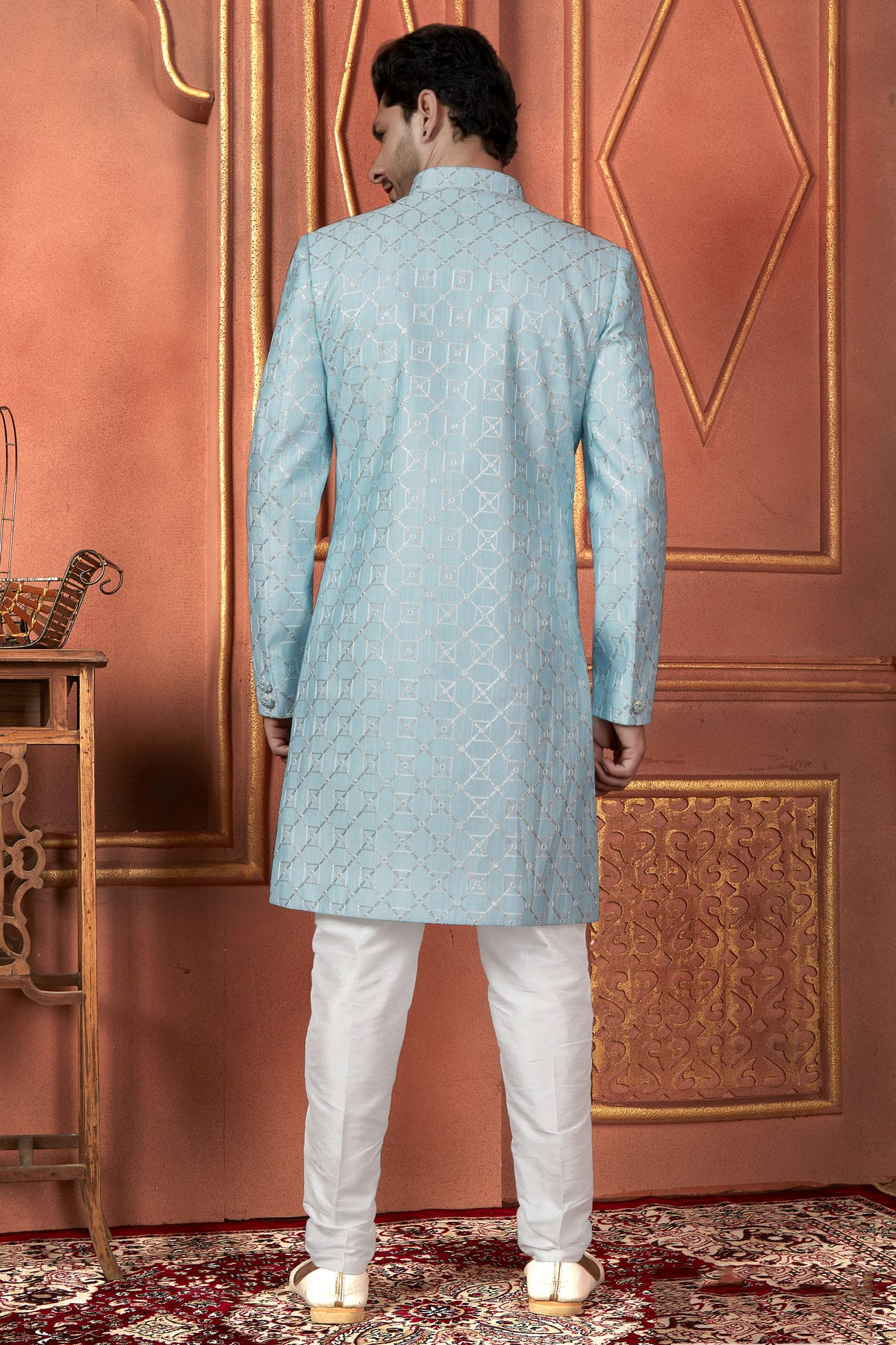 Sky Blue Colour Art Silk Indowestern Sherwani With Aligadhi Pant VSSH1230097