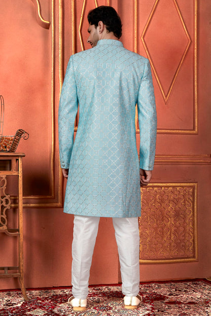 Sky Blue Colour Art Silk Indowestern Sherwani With Aligadhi Pant VSSH1230097