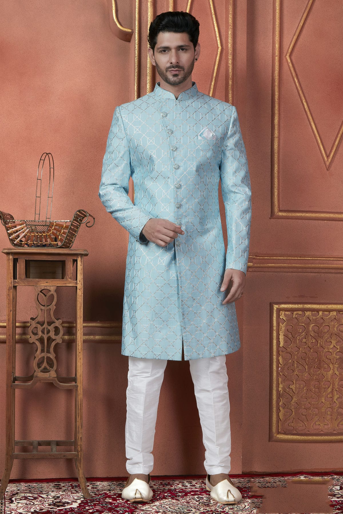 Sky Blue Colour Art Silk Indowestern Sherwani With Aligadhi Pant