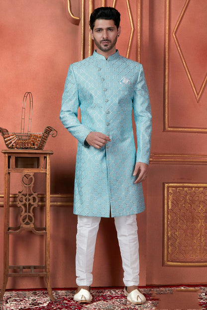 Sky Blue Colour Art Silk Indowestern Sherwani With Aligadhi Pant