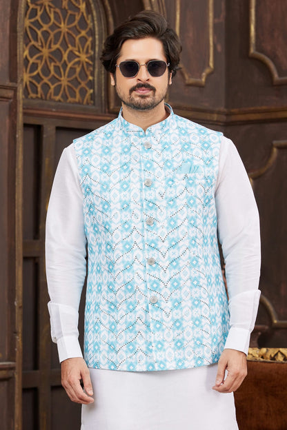 Sky Blue Colour Art Silk Kurta Pajama With Jacket VSKP1230255