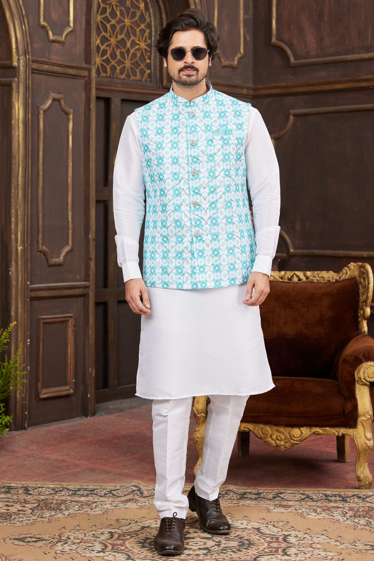 Sky Blue Colour Art Silk Kurta Pajama With Jacket