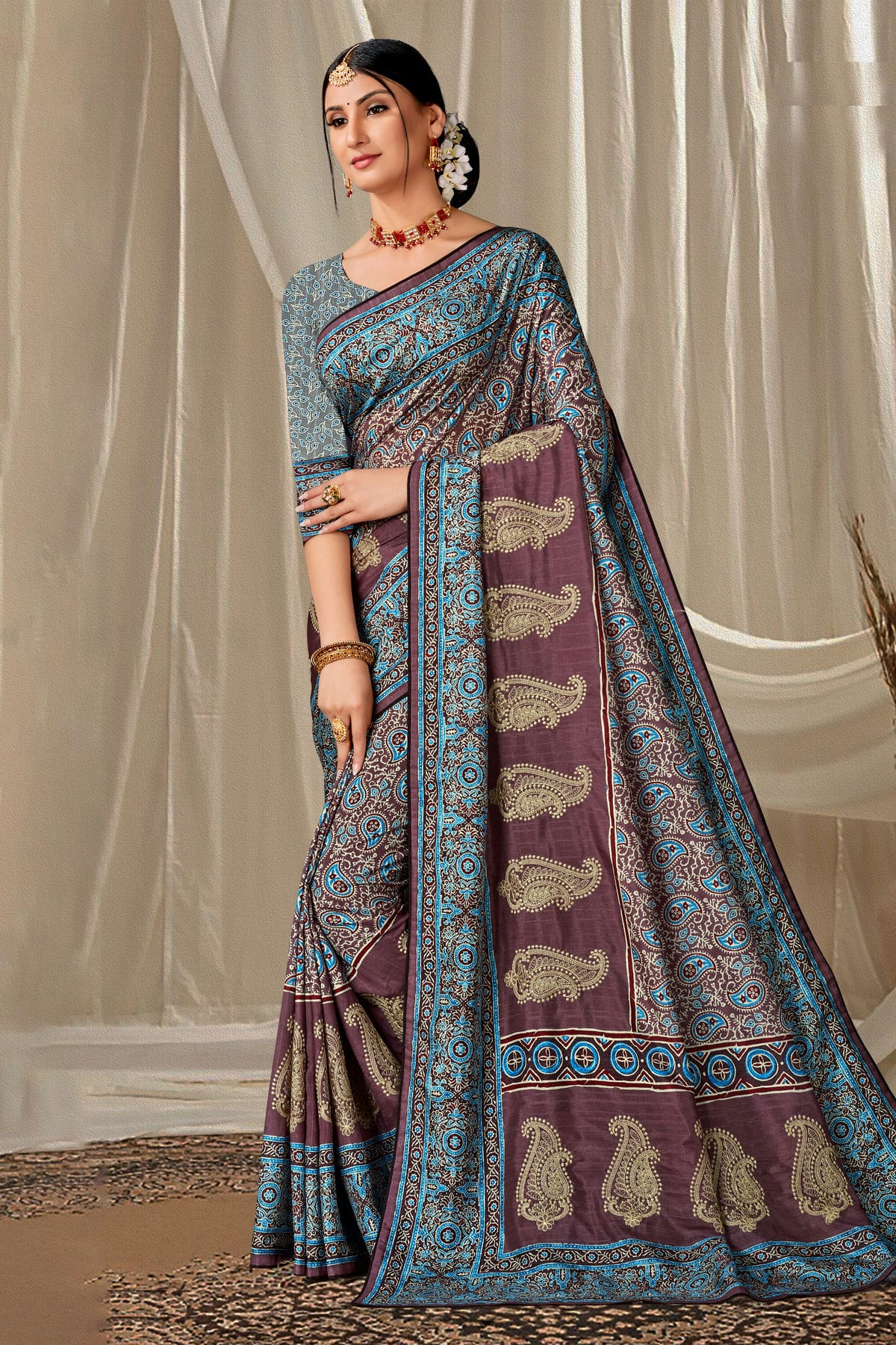 Sky Blue Colour Art Silk Printed Saree