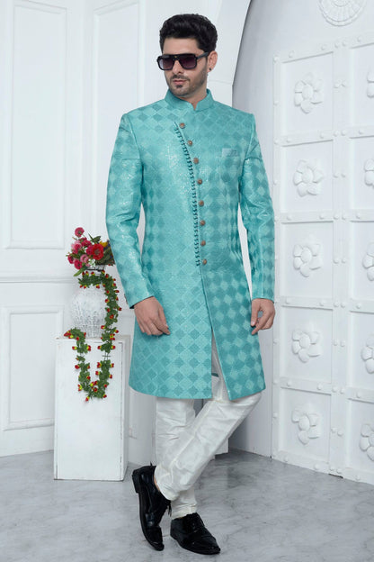 Sky Blue Colour Art Silk Sherwani With Aligadhi Pant VSSH1230069