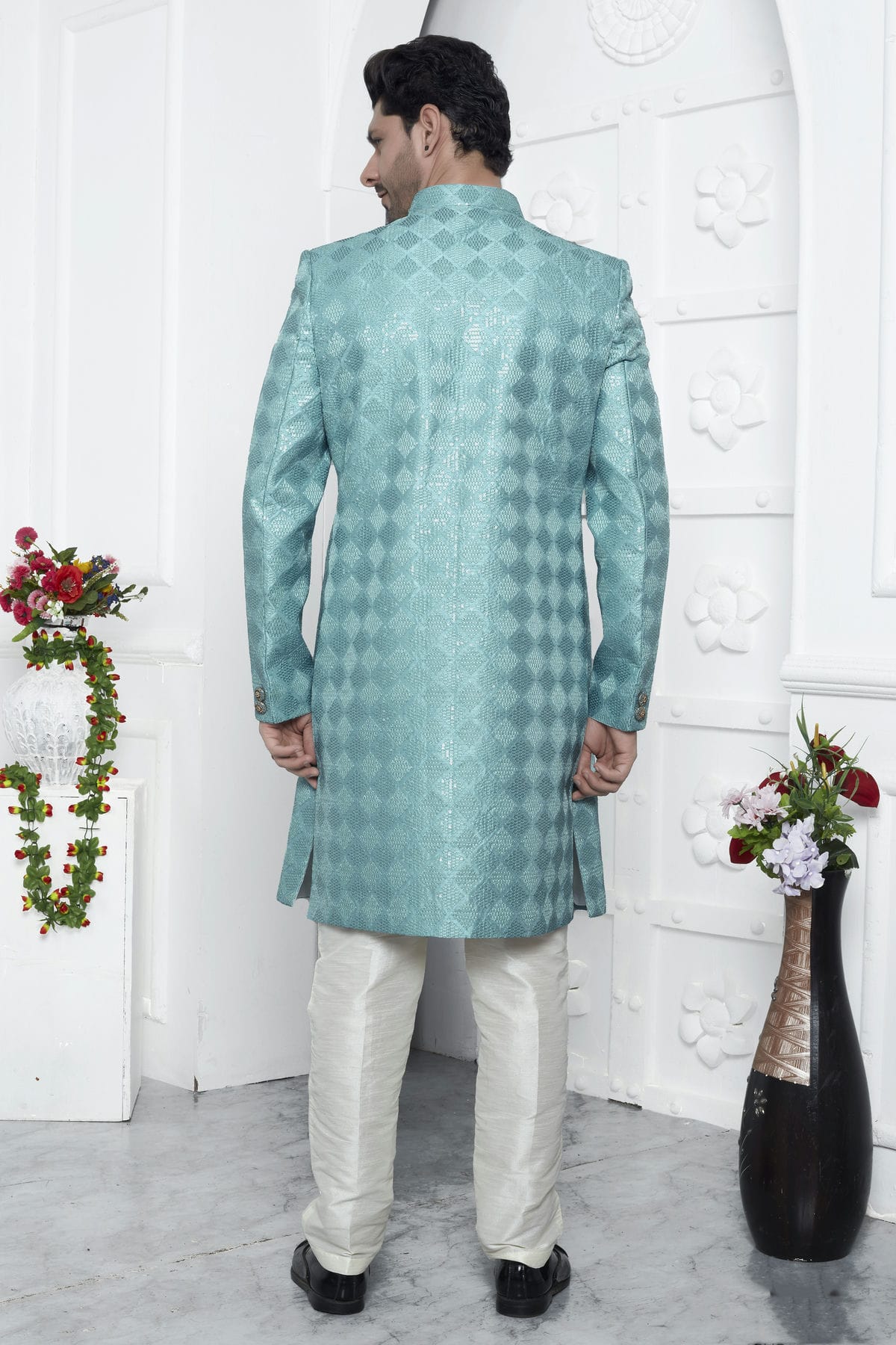 Sky Blue Colour Art Silk Sherwani With Aligadhi Pant VSSH1230069