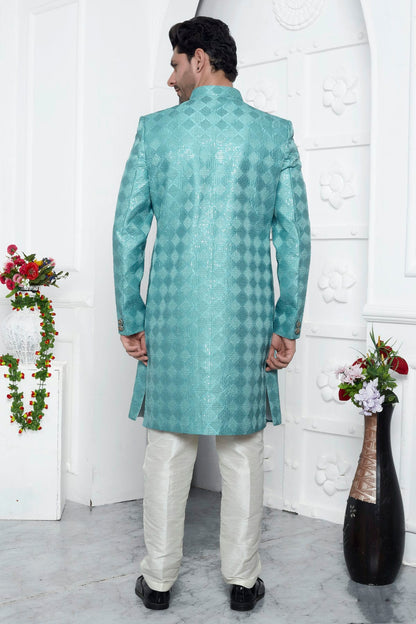 Sky Blue Colour Art Silk Sherwani With Aligadhi Pant VSSH1230069