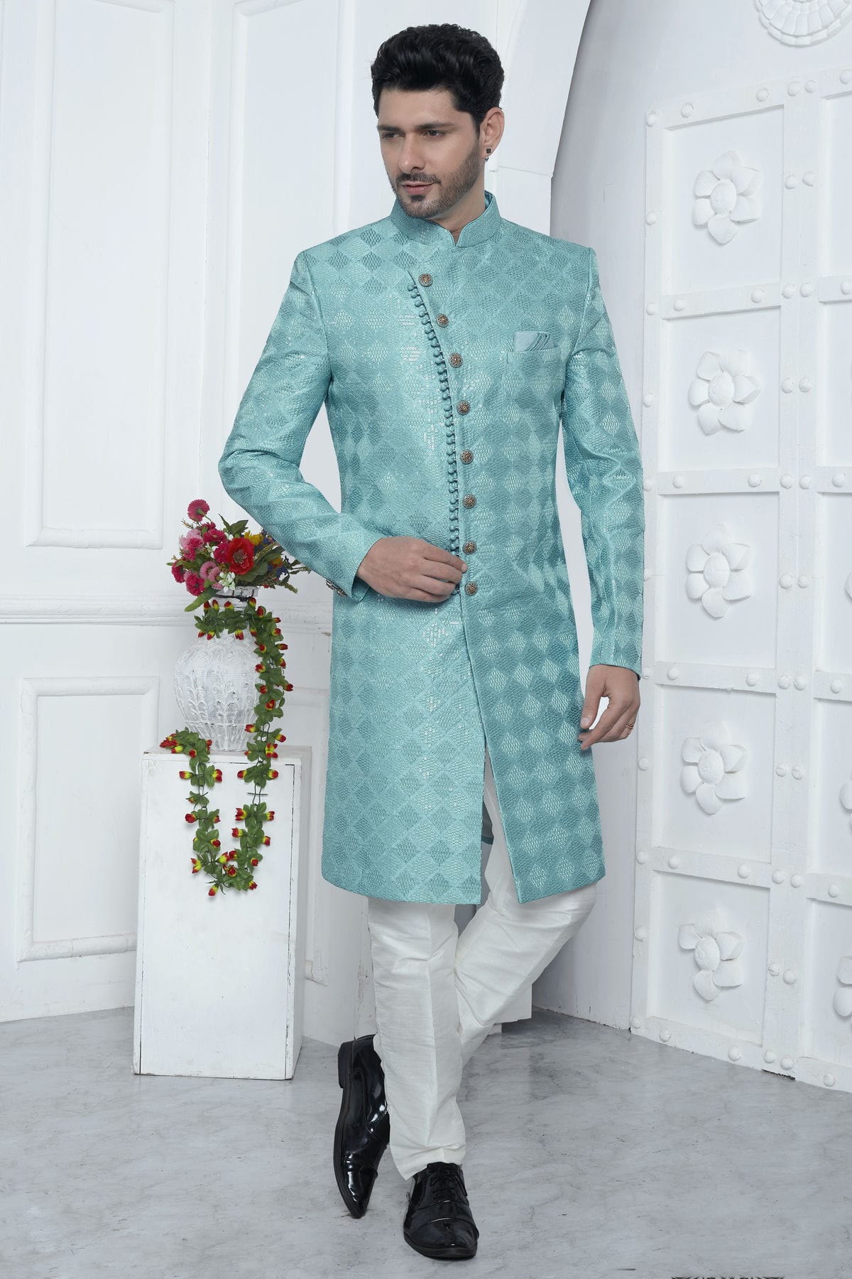 Sky Blue Colour Art Silk Sherwani With Aligadhi Pant