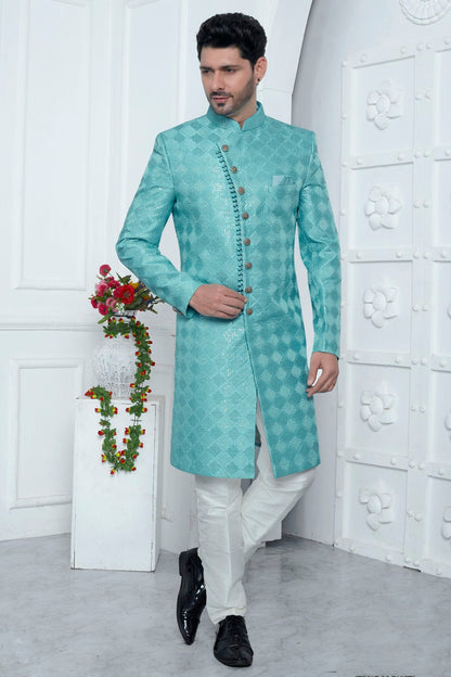 Sky Blue Colour Art Silk Sherwani With Aligadhi Pant