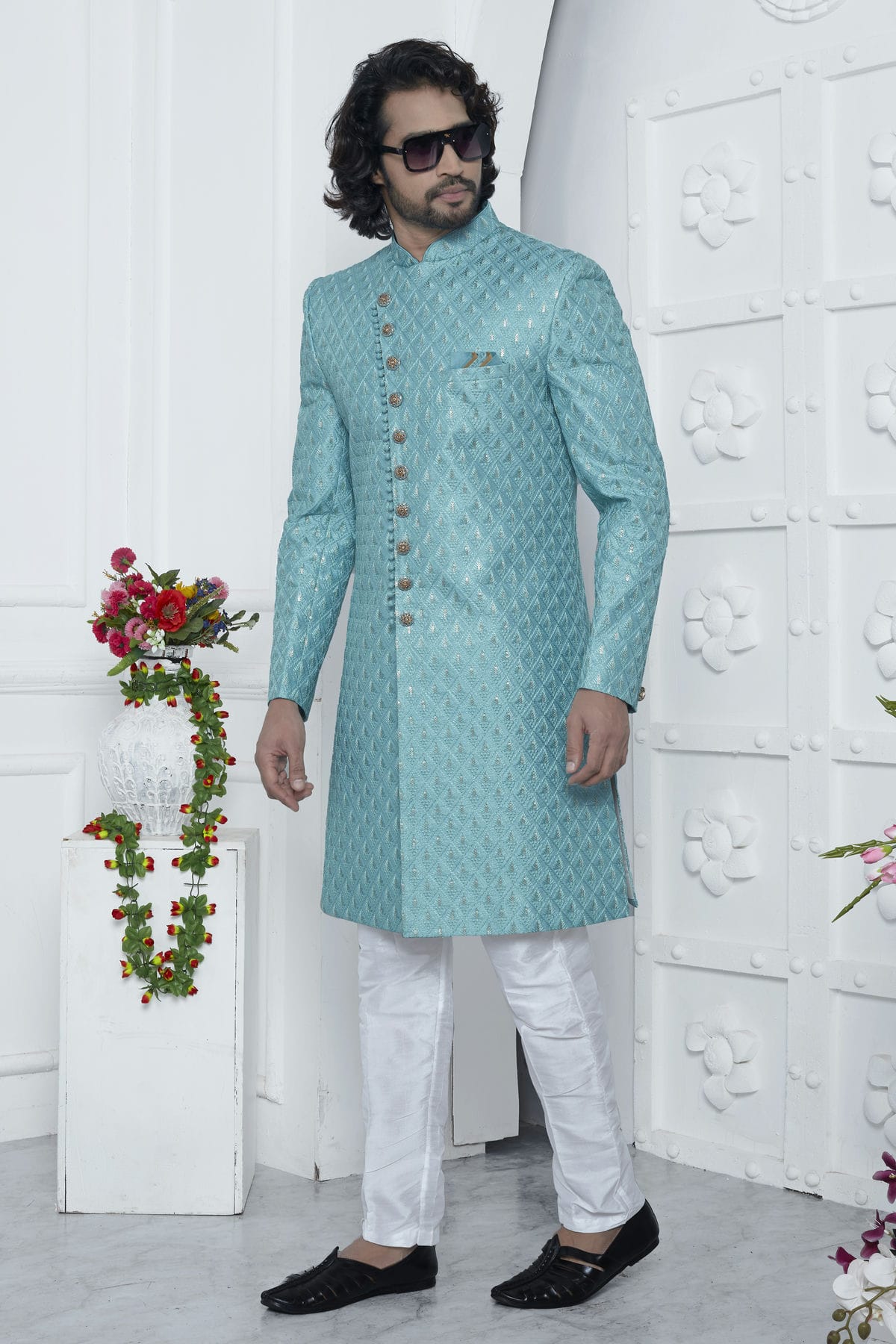 Sky Blue Colour Art Silk Sherwani With Aligadhi Pant VSSH1230071