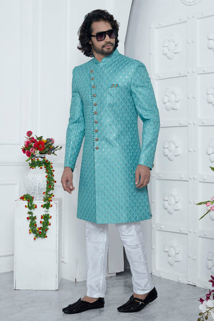 Sky Blue Colour Art Silk Sherwani With Aligadhi Pant VSSH1230071