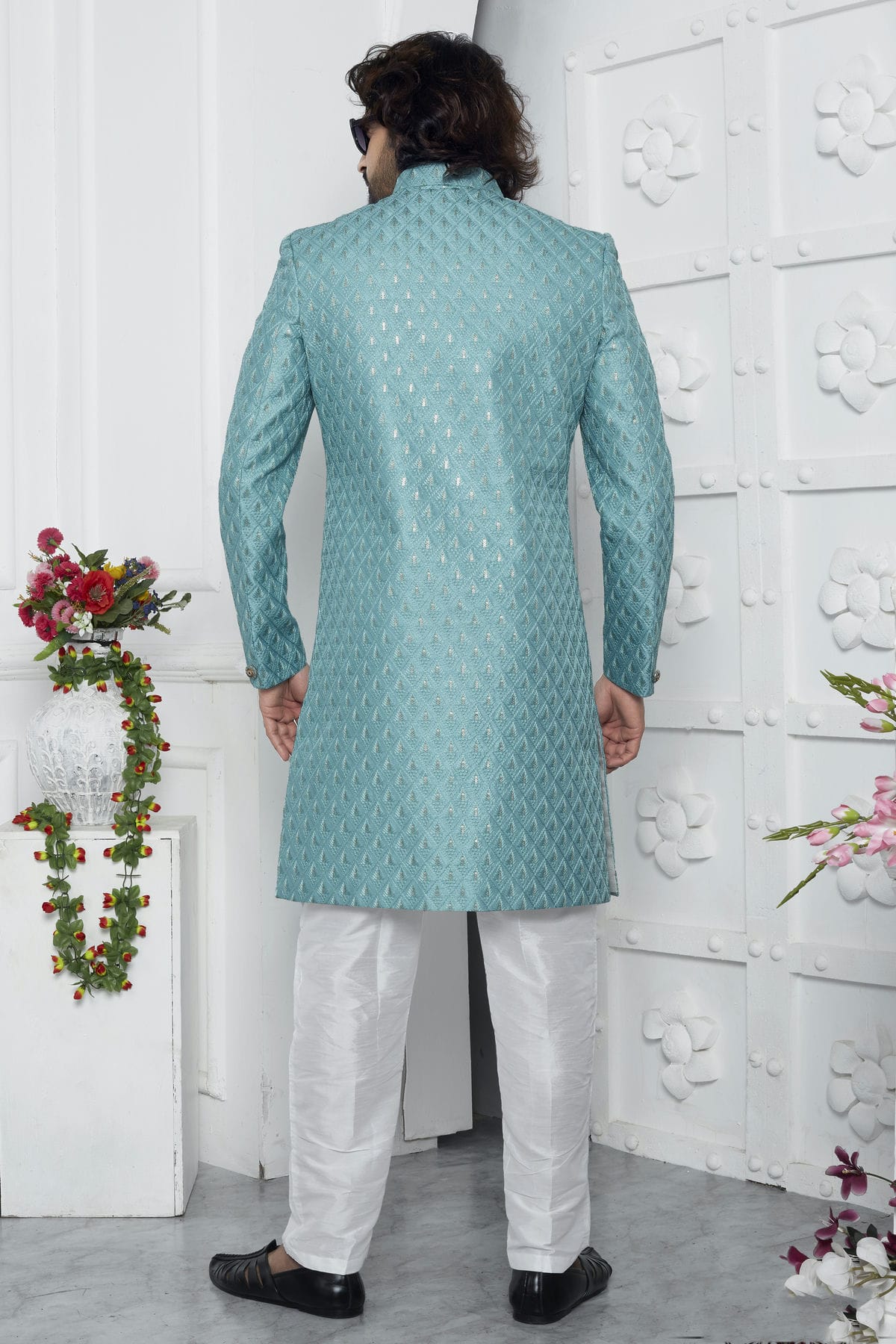 Sky Blue Colour Art Silk Sherwani With Aligadhi Pant VSSH1230071