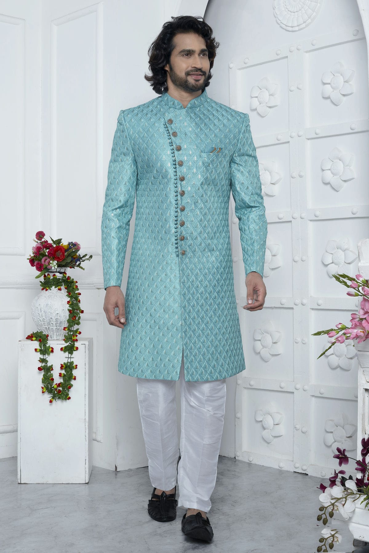 Sky Blue Colour Art Silk Sherwani With Aligadhi Pant