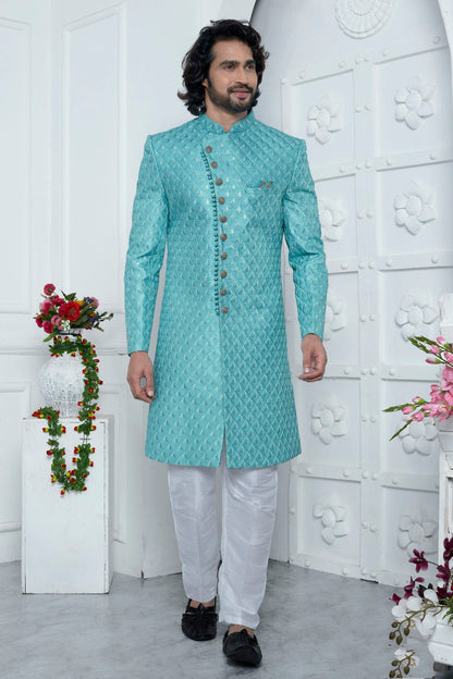 Sky Blue Colour Art Silk Sherwani With Aligadhi Pant