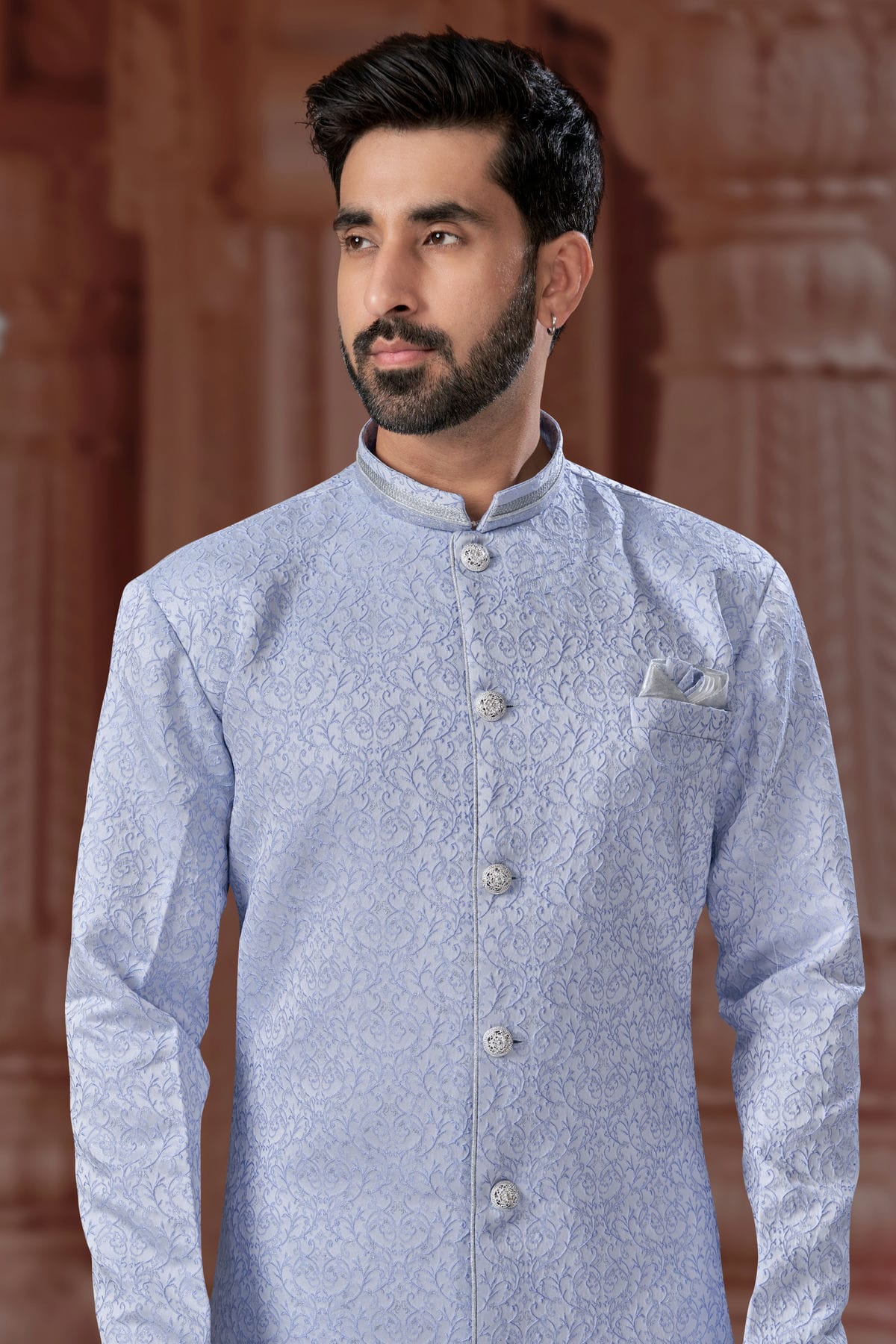 Sky Blue Colour Banarasi Jacquard Sherwani VSSH1040557