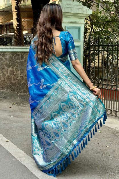 Sky Blue Colour Banarasi Silk Traditional Saree