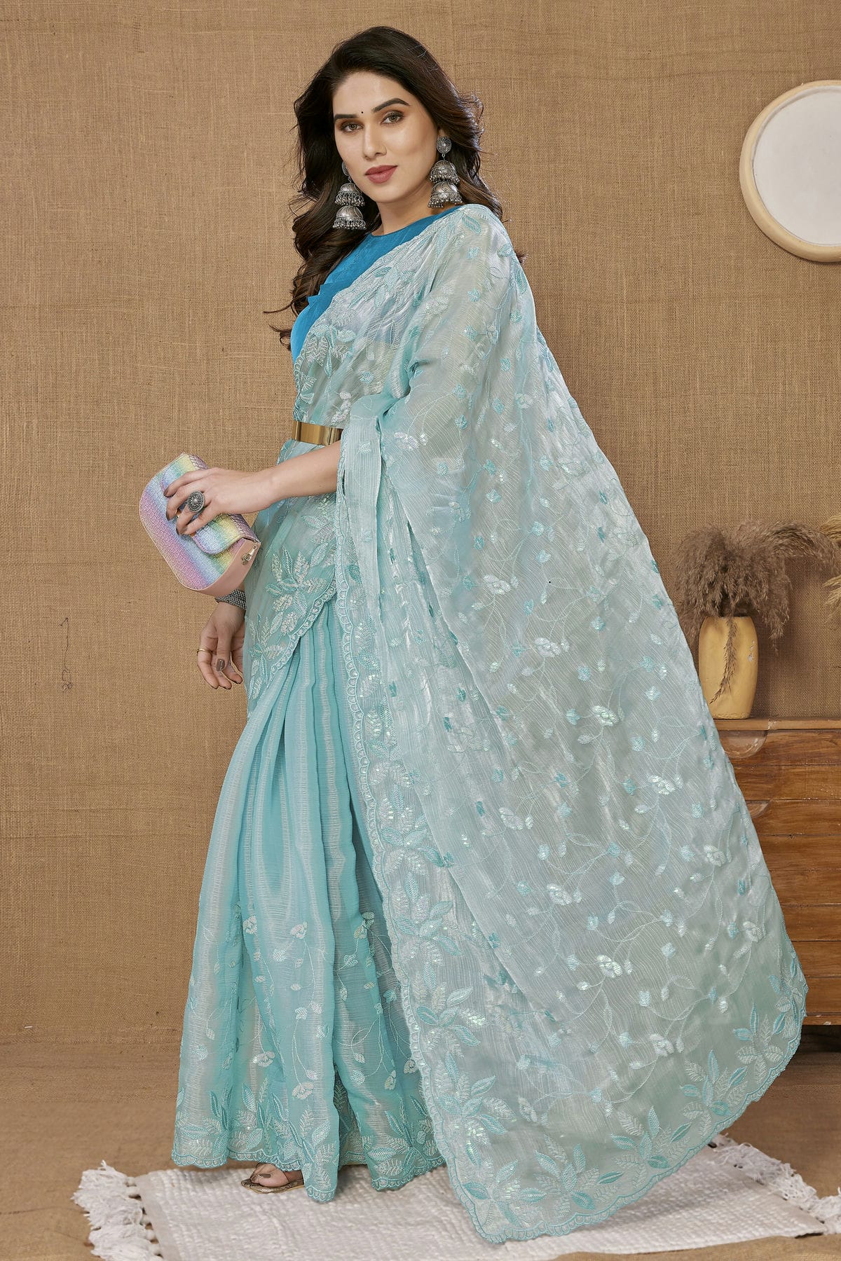 Sky Blue Colour Burberry Saree