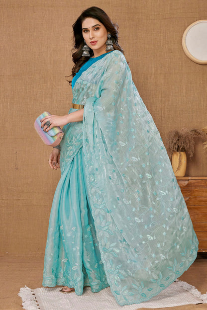 Sky Blue Colour Burberry Saree