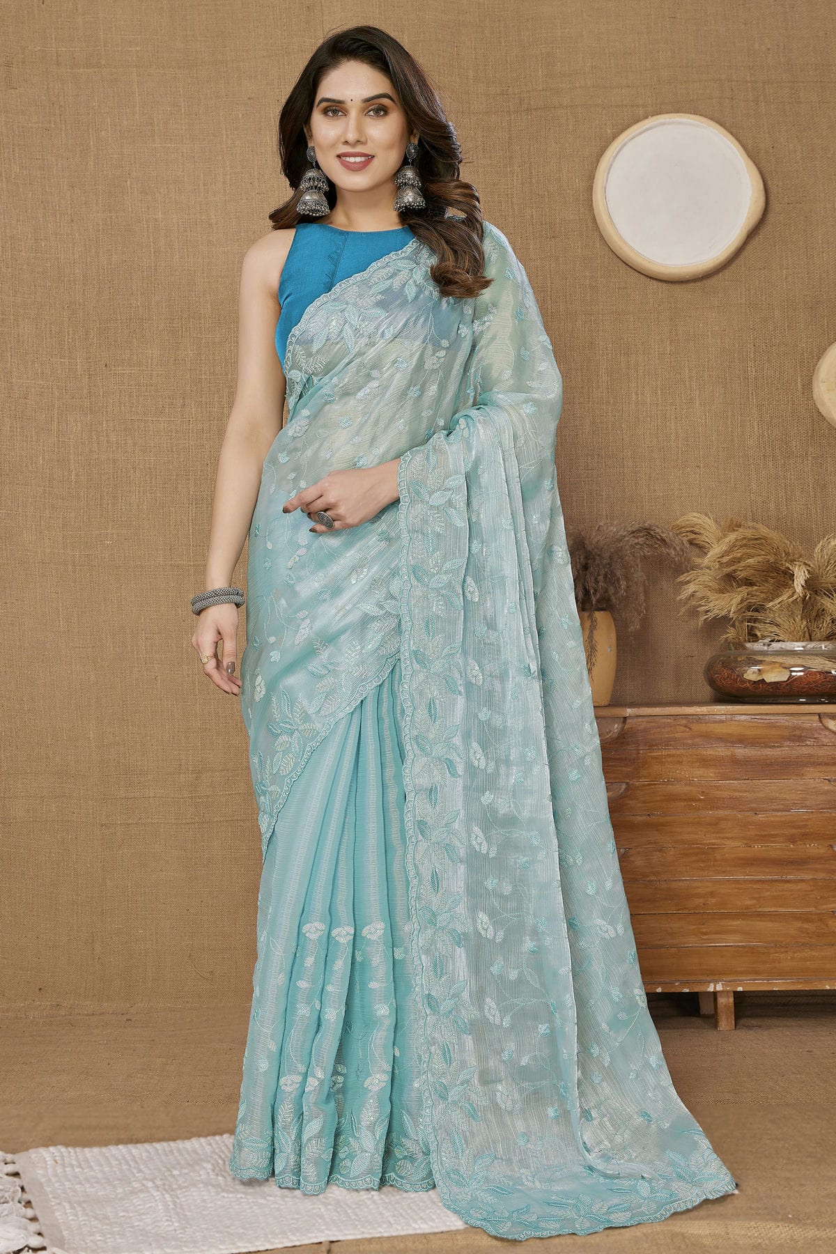 Sky Blue Colour Burberry Saree