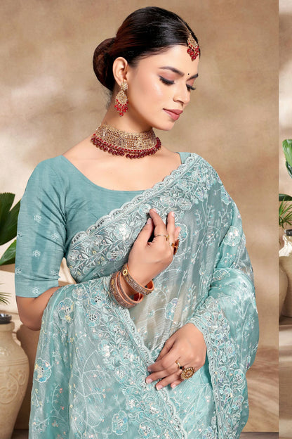 Sky Blue Colour Burberry Silk Designer Saree