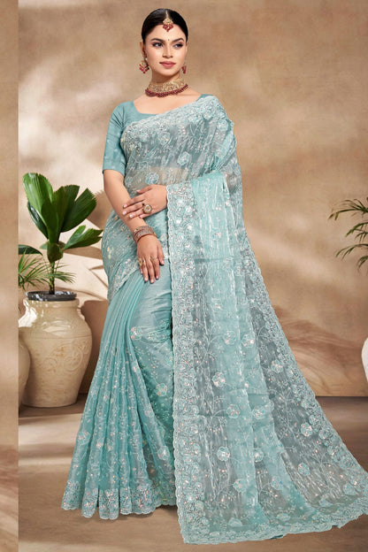 Sky Blue Colour Burberry Silk Designer Saree