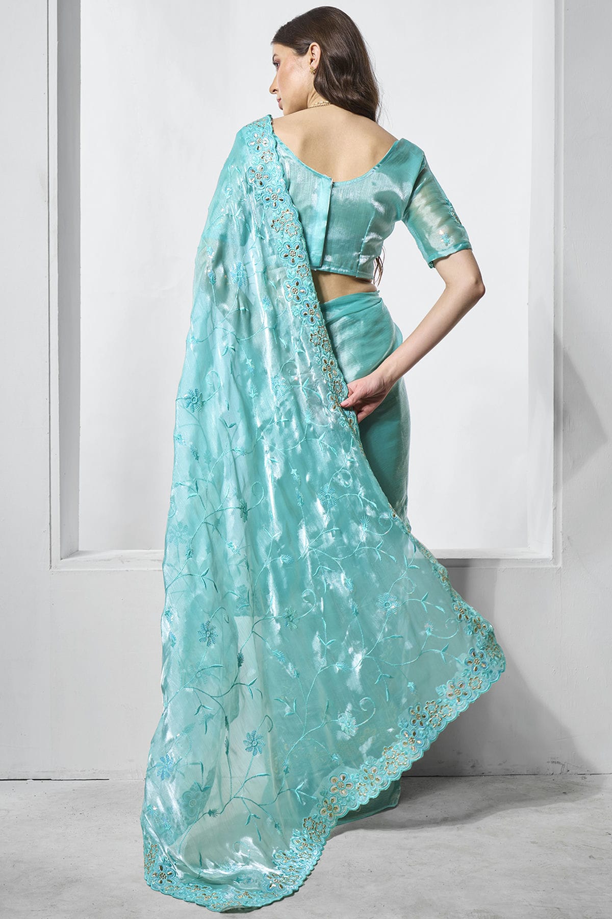 Sky Blue Colour Burburry Designer Saree