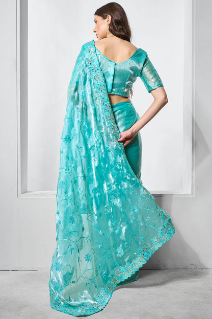 Sky Blue Colour Burburry Designer Saree