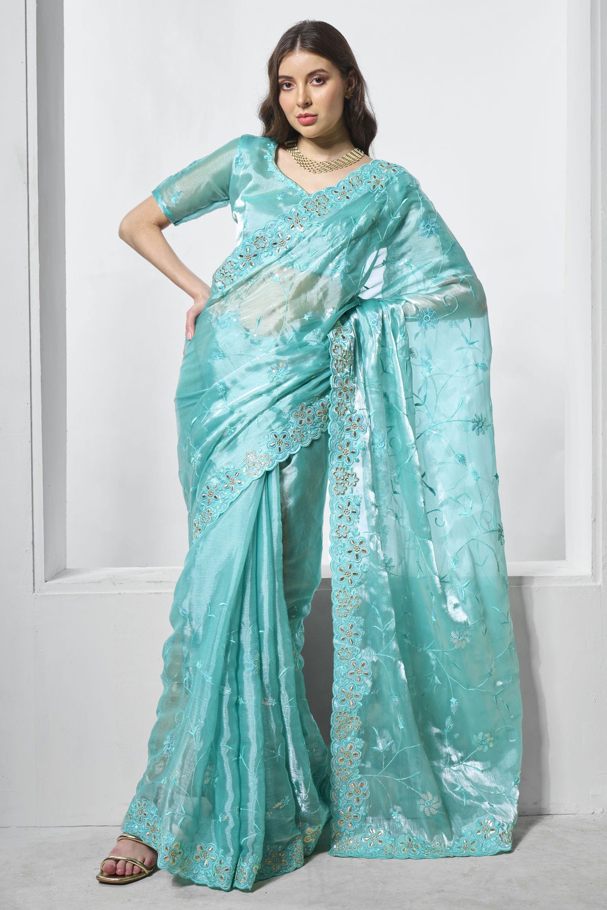 Sky Blue Colour Burburry Designer Saree