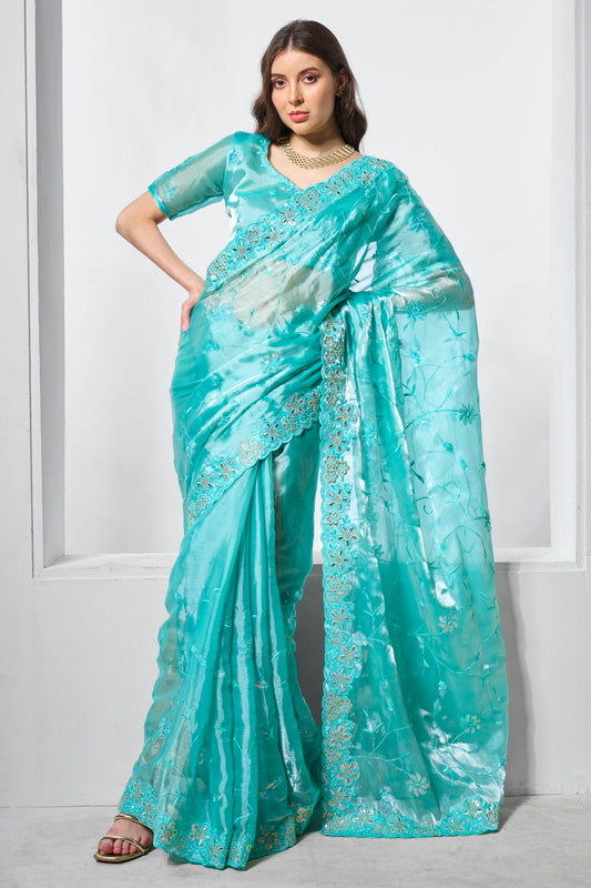 Sky Blue Colour Burburry Designer Saree