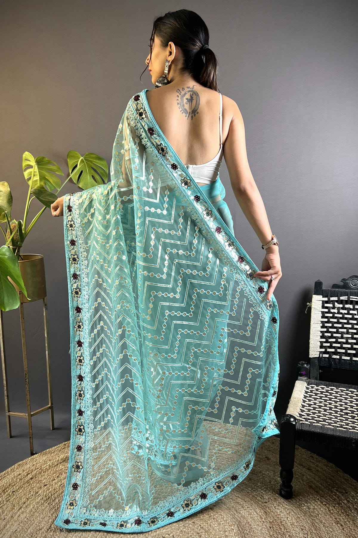 Sky Blue Colour Butterfly Net Designer Saree