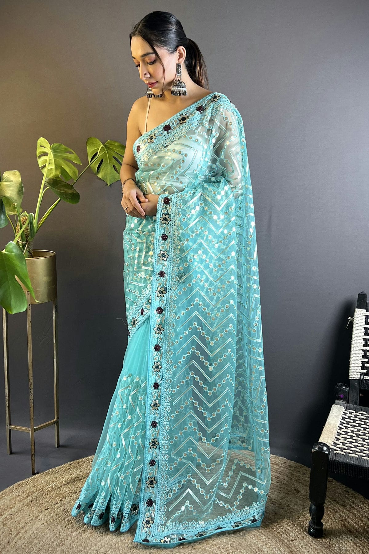 Sky Blue Colour Butterfly Net Designer Saree