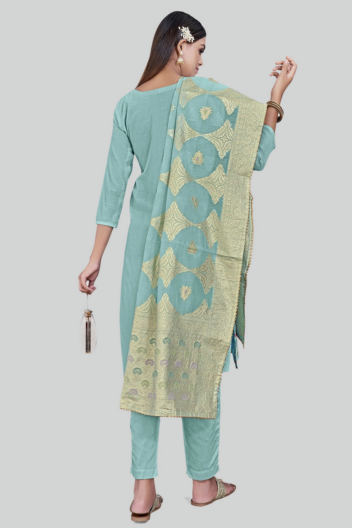 Sky Blue Colour Chanderi Silk Pant Style Suit