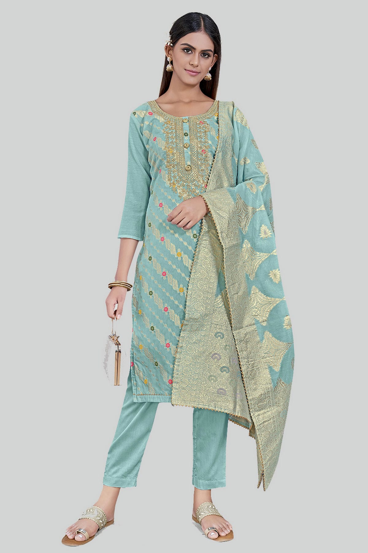 Sky Blue Colour Chanderi Silk Pant Style Suit