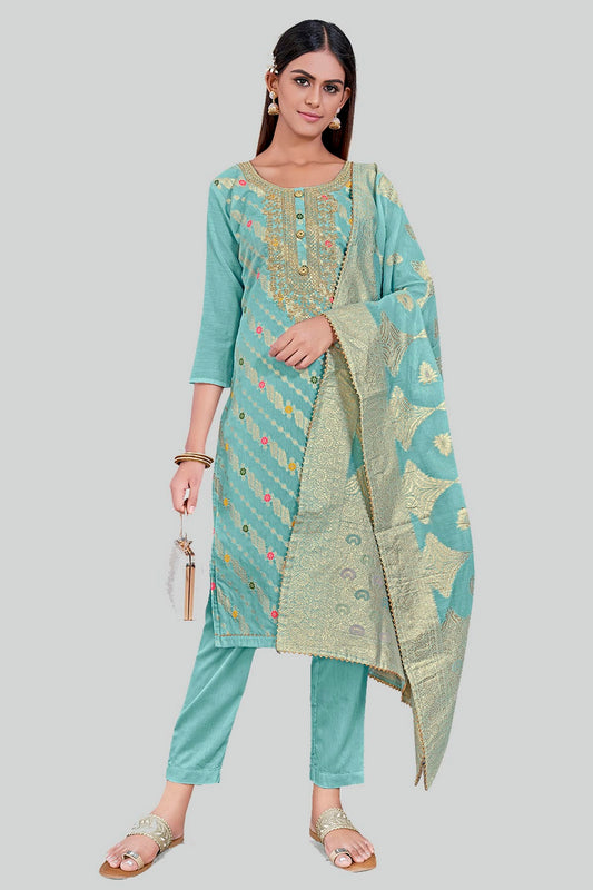 Sky Blue Colour Chanderi Silk Pant Style Suit