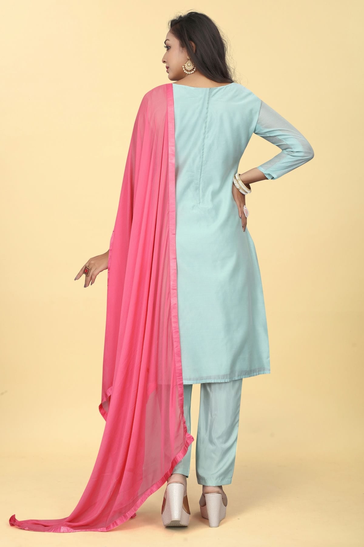 Sky Blue Colour Chanderi Silk Pant Style Suit