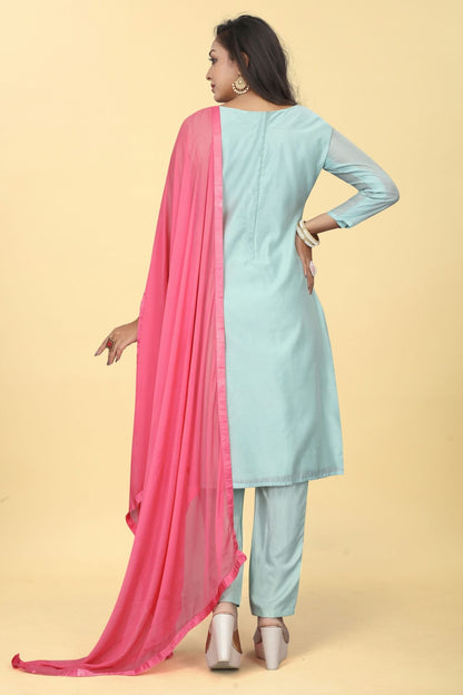 Sky Blue Colour Chanderi Silk Pant Style Suit