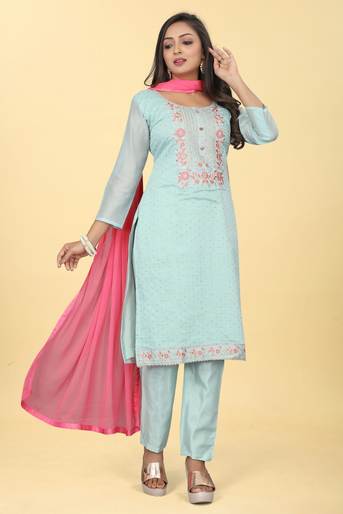 Sky Blue Colour Chanderi Silk Pant Style Suit