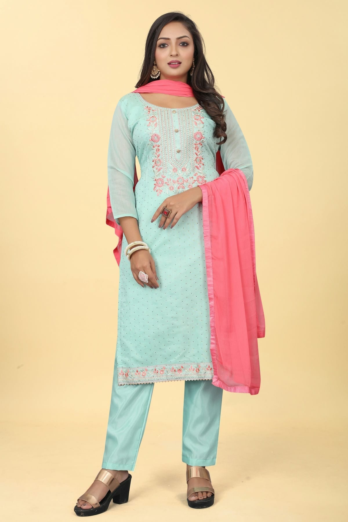 Sky Blue Colour Chanderi Silk Pant Style Suit