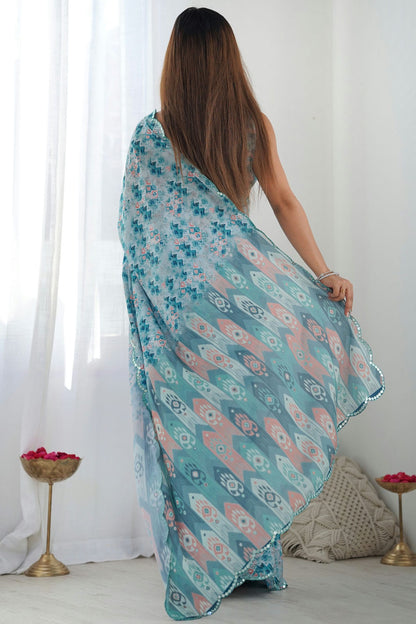 Sky Blue Colour Chinon Printed Saree