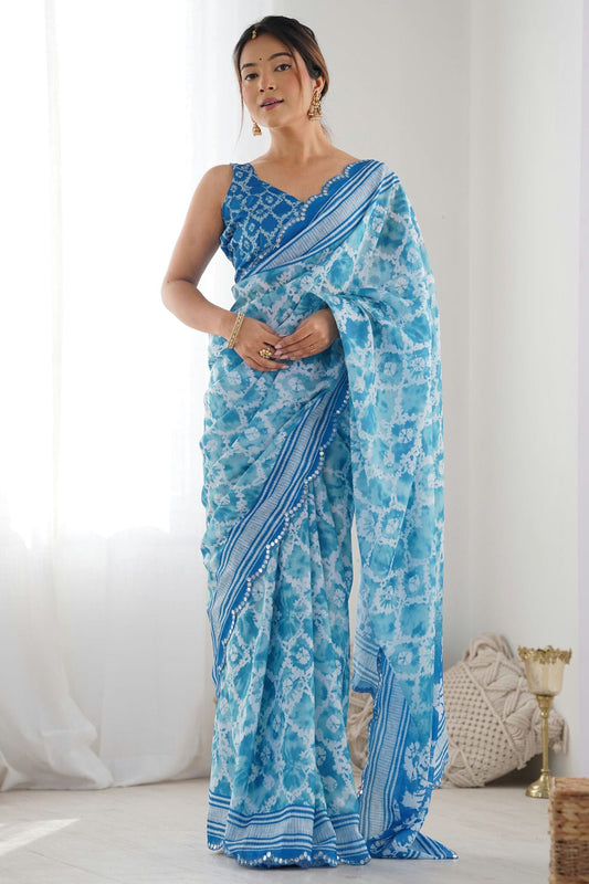 Sky Blue Colour Chinon Printed Saree