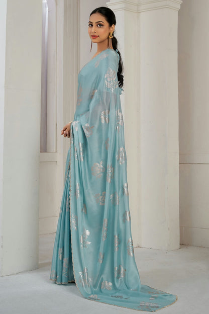 Sky Blue Colour Chinon Silk Designer Saree