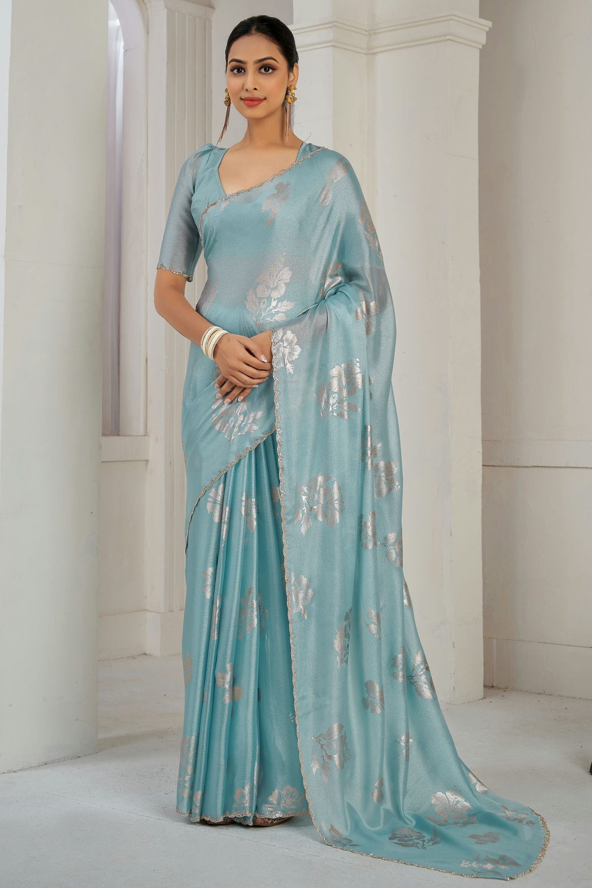 Sky Blue Colour Chinon Silk Designer Saree