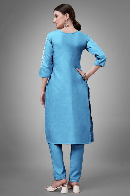 Sky Blue Colour Cotton Blend Kurta And Pant Set VSKR1111331