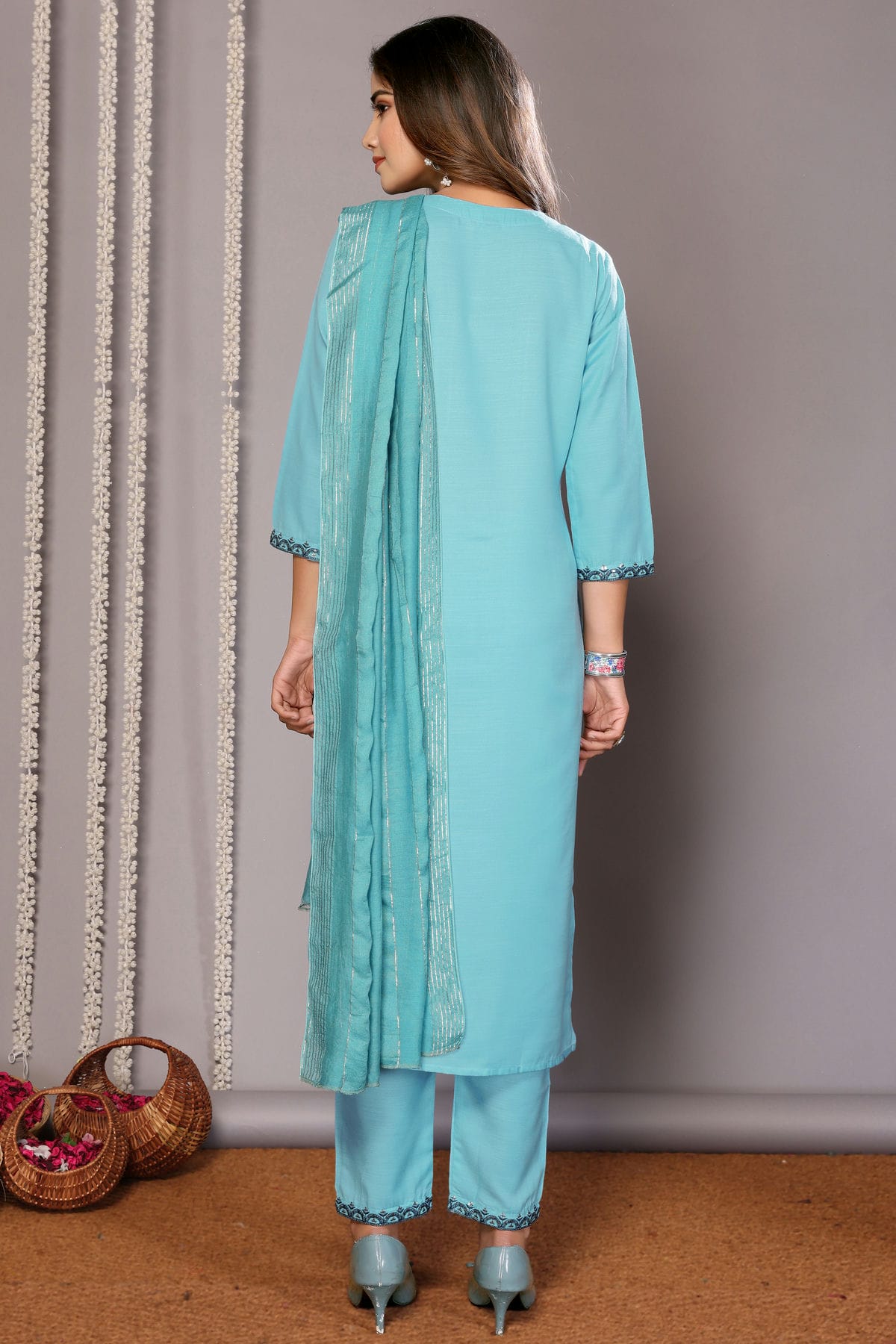 Sky Blue Colour Cotton Blend Stitched Suit VSSS1112295