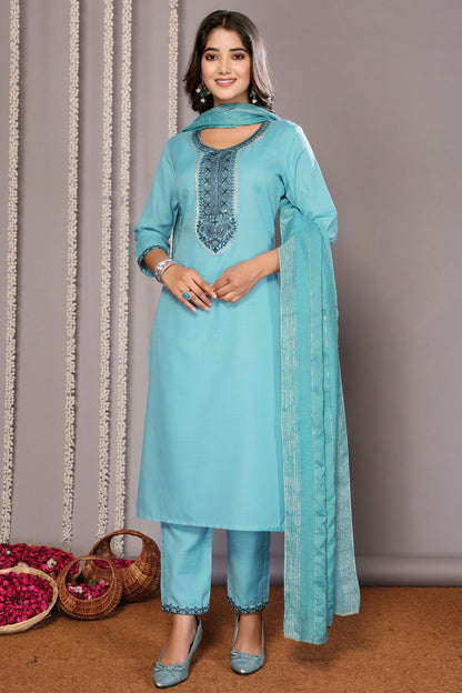 Sky Blue Colour Cotton Blend Stitched Suit